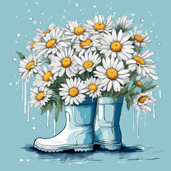 Ein bunter Blumenstrauß in blauen Gummistiefeln.