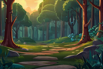 2D abstract enchanted forest background for battle arena mobile game. Enchanting landscape in flat cartoon style.