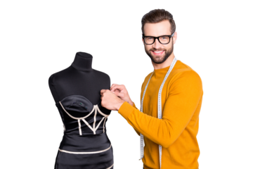 Portrait of cheerful famous  dressmaker in pullover with centimeter on neck taking measurements from elegant dress on mannequin looking at camera isolated on grey background