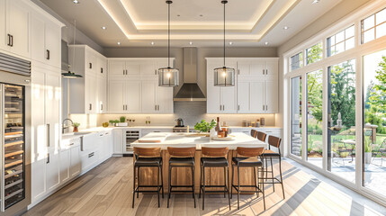 A modern kitchen with a large island, a wine fridge, and a breakfast nook with a bay window. - obrazy, fototapety, plakaty