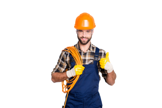 Portrait of handsome joyful electrician in hardhat, overall, shirt with bristle, holding rolled wires on shoulder, showing thumb up recommend approve sign over grey background - Powered by Adobe