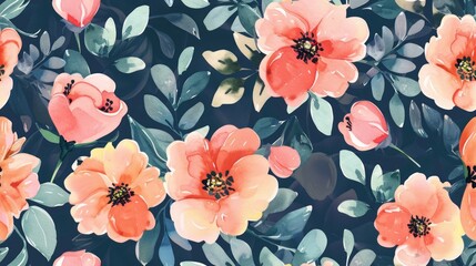 Fototapeta na wymiar Watercolor Cute flowers, seamless pattern, on navy pastel background
