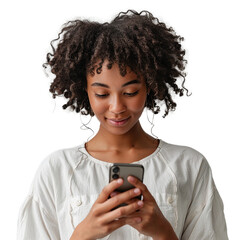 A black girl looking at her phone and smiling isolated on transparent background.