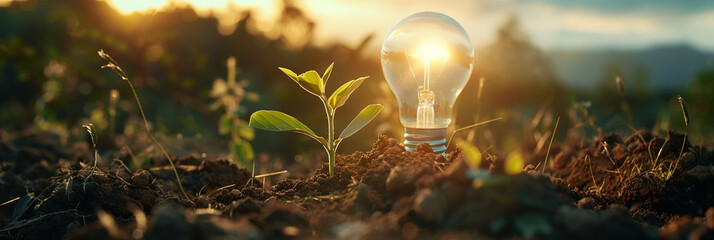 A light bulb is planted in the dirt - obrazy, fototapety, plakaty