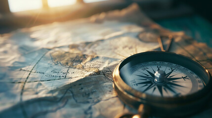 A compass is on top of a map - obrazy, fototapety, plakaty