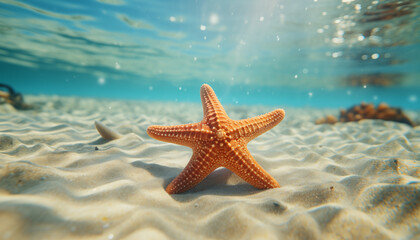Fototapeta na wymiar starfish on the sand on the ocean shore. vacation at sea. composition of sea inhabitants.