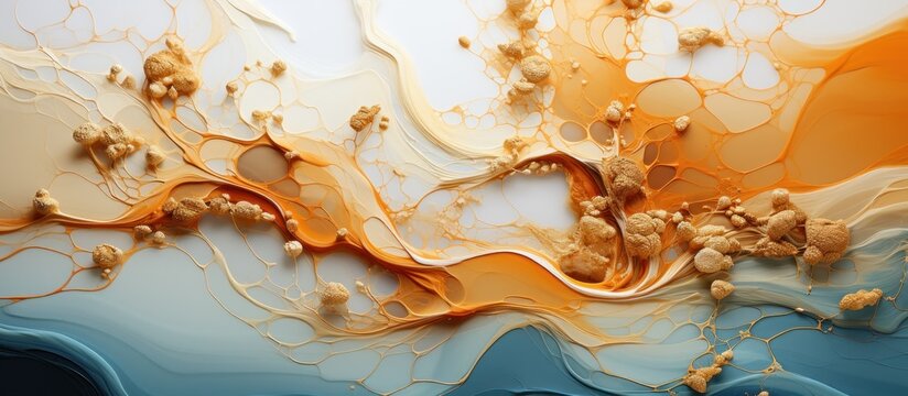 , abstract liquid background with gold and blue paint splashes
