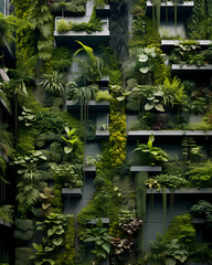 Green leafy plants grow vertically on a wall, creating a lush garden design. - obrazy, fototapety, plakaty