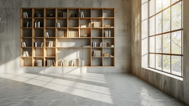 Visual of a bookcase within an unfurnished space
