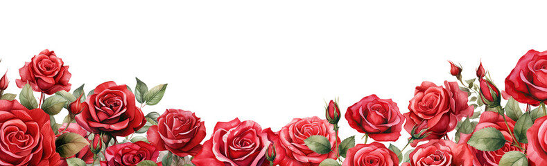 Watercolor frame illustration of red rose and green leaves. Border of beautiful roses. Isolated cutout on transparent background.