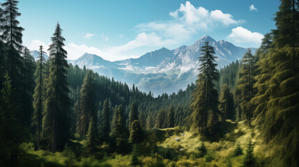 Paysage de forêt dans les montagnes. Nuage, brume, ciel. Horizon, calme. Pour conception et création graphique. - obrazy, fototapety, plakaty