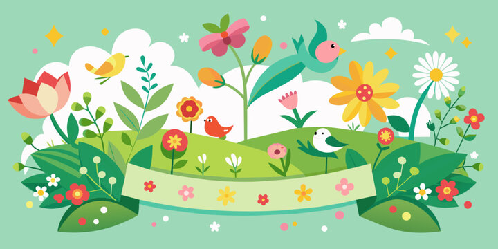 Illustrated Spring Banner: Blossoms and Sunshine. Insert you own test mock-up