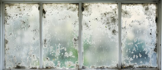 A plastic window frame covered with a large amount of black mold, caused by damp and humid conditions. The mold appears as dark patches on the surface, indicating potential health risks and the need - obrazy, fototapety, plakaty