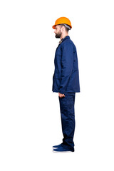 Full size fullbody snap  with legs, profile portrait of calm handsome repairer in blue uniform, isolated on grey background