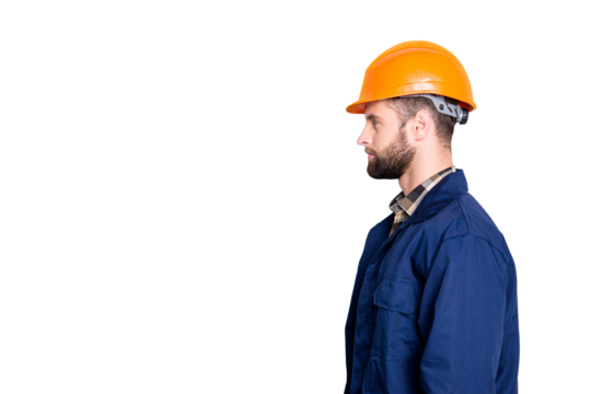 Profile side view portrait with copy space, empty place for advertisement product of virile harsh repairer in blue uniform, standing over grey background - Powered by Adobe