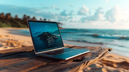 Laptop Displaying a Mountainous Landscape on a Beach Setting - Perfect for Remote Work and Travel Concepts