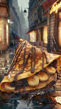 A dropped crepe with banana slices and chocolate sauce lies on a wet pavement. Raindrops are visible on the surface of the crepe.