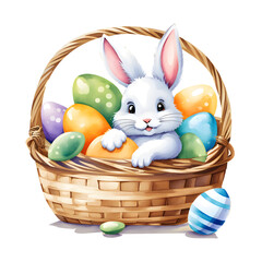 The rabbit is sitting in a basket with Easter eggs, etc. Perfect for postcards, scrapbooking, blogs, social media and more
