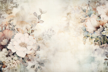 A delicate floral watercolor painting with soft hues and a vintage texture. Flower blooming background with empty copy space for text