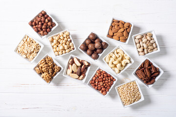Mix of nuts in bowl . Food background