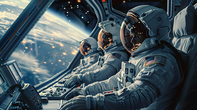 Team of astronauts in a space suits aboard the orbital station. A crew of cosmonauts piloting the spaceship. People in space. Galactic travel and science concept.