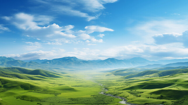 Paysage d'une prairie avec de l'herbe verte, des montagnes en arri&egrave;re-plan et un beau ciel bleu avec nuages. Fond d'&eacute;cran, d&eacute;cor, paysage calme. Pour conception et cr&eacute;ation graphique.