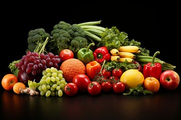 Assorted organic fresh vegetables and healthy food isolated on dark background