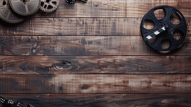 Wooden background with a movie clapper and film reel