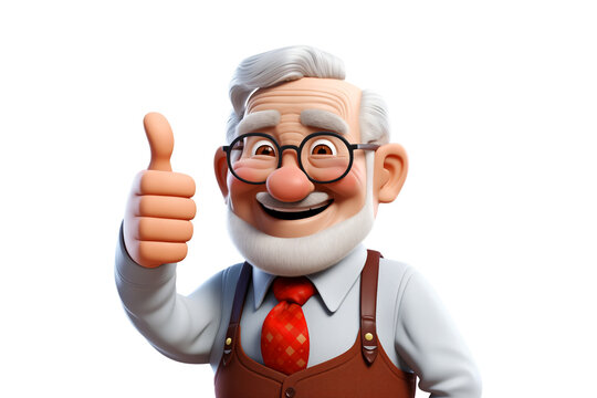 Happy smiling cartoon character old senior elder mature man grandfather person showing thumb up gesture in 3d style design on light background. Successful human people with ok like cool finger concept