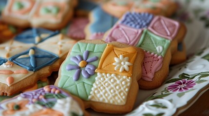 Fototapeta na wymiar Artful cookies adorned with icing in a vintage quilt pattern.