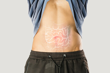 A man has a stomachache because of a problem with his small intestine ( Irritable bowel syndrome )