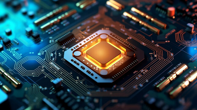 close up computer chip processor with luminent colors