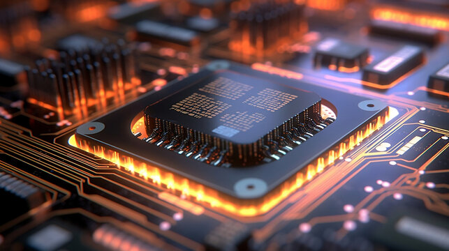 close up computer chip processor with luminent colors