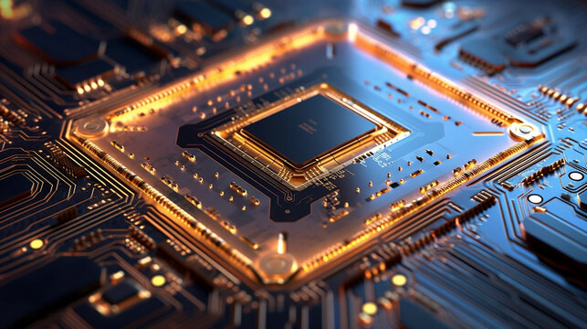 close up computer chip processor with luminent colors