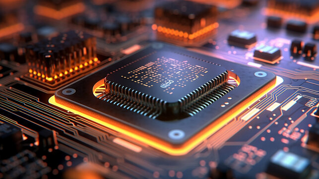 close up computer chip processor with luminent colors
