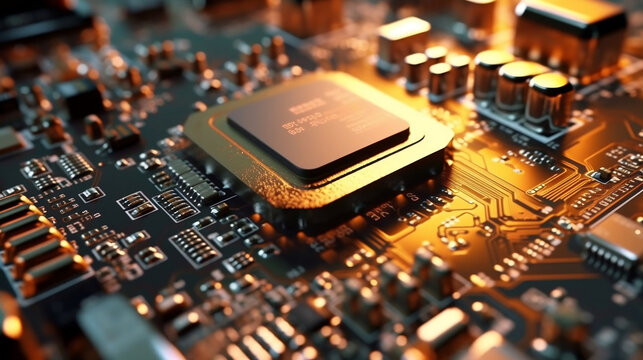 close up computer chip processor with luminent colors