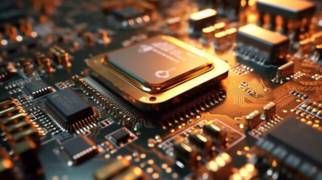 close up computer chip processor with luminent colors