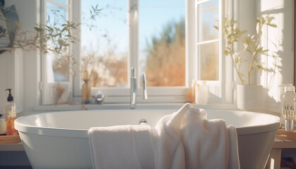 towel on a white bathtub in a bright bathroom with beautiful light from the window. the atmosphere of a pleasant bath, spa treatment at home.  - obrazy, fototapety, plakaty