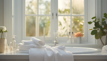 towel on a white bathtub in a bright bathroom with beautiful light from the window. the atmosphere of a pleasant bath, spa treatment at home. 