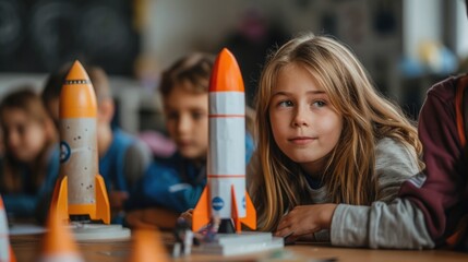 An educational workshop where children are building rocket models, fostering interest in space and science for International Day of Human Space Flight - obrazy, fototapety, plakaty