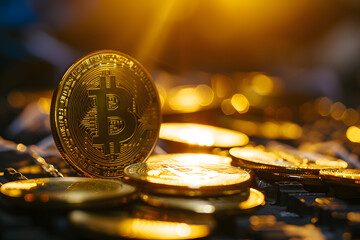 Bitcoin cryptocurrency coin on gold background. Cryptocurrency and finance concept.Glistening Bitcoins Amidst Golden Lights