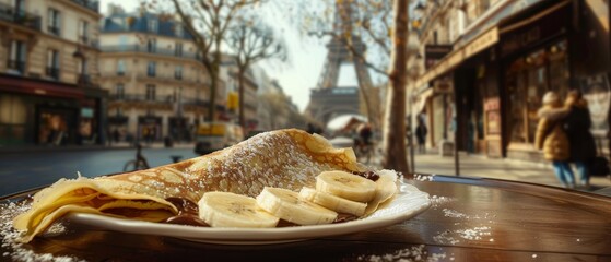 Delicious crepe with bananas on a Paris street, Eiffel Tower in the background, capturing the essence of French cuisine and culture.