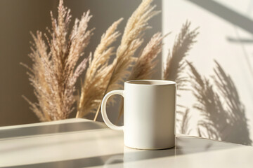 Design mockup with empty blank white mug on the table with pampas grass in the background. Beige color tones. Sunlight window shadows. Commercial e-shop print photography concept.