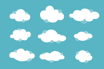 Set of various shapes of cartoon clouds. Flat design vector illustration. Cute puffy clouds isolated on blue background.