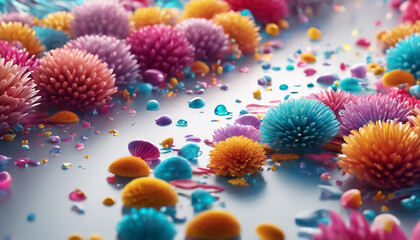 Fototapeta na wymiar Flowery background. Fantastic multicolored floral surface. Flower collage. Fictional scene