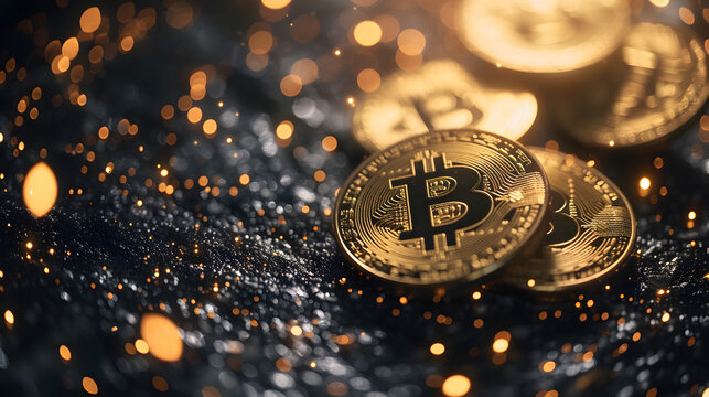 Bitcoin cryptocurrency coin on gold background. Cryptocurrency and finance concept.Glistening Bitcoins Amidst Golden Lights