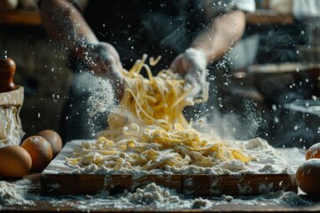 Handmade Pasta Tossed in Flour on Table
