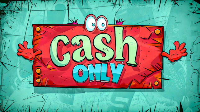 Cash only sign with cartoon eyes and hands