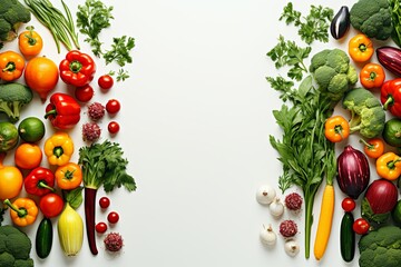 Top view Assortment organic fresh vegetables and healthy food isolated on white background