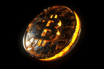 Illuminated Bitcoin Symbol Amidst Digital Chaos,Bitcoin cryptocurrency on black background. Cryptocurrency concept. 3D Rendering,Golden Bitcoin Explosion: Cryptocurrency's Dynamic Surge